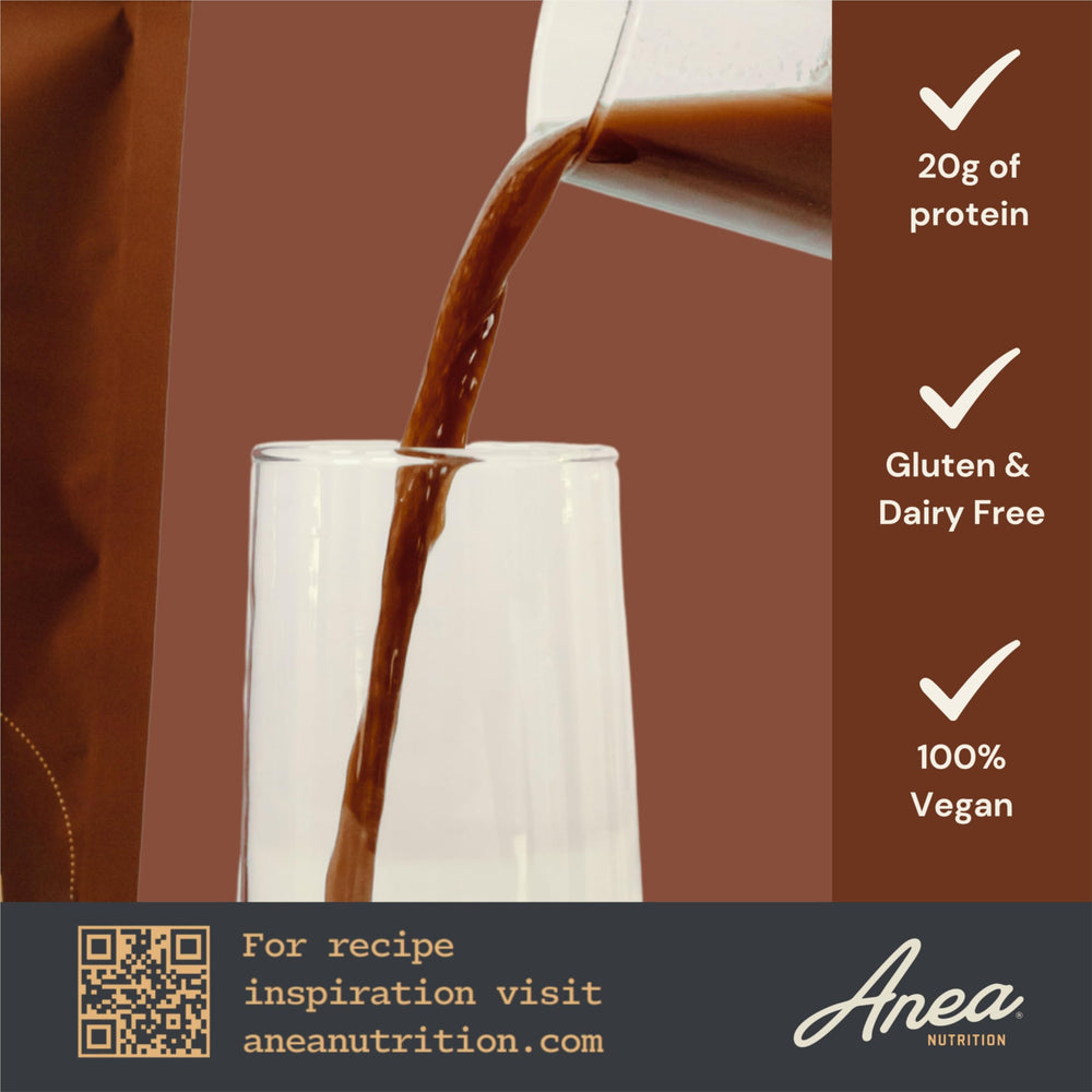 Anea Plant Protein Chocolate nutrition label highlights certifications and clean ingredients.