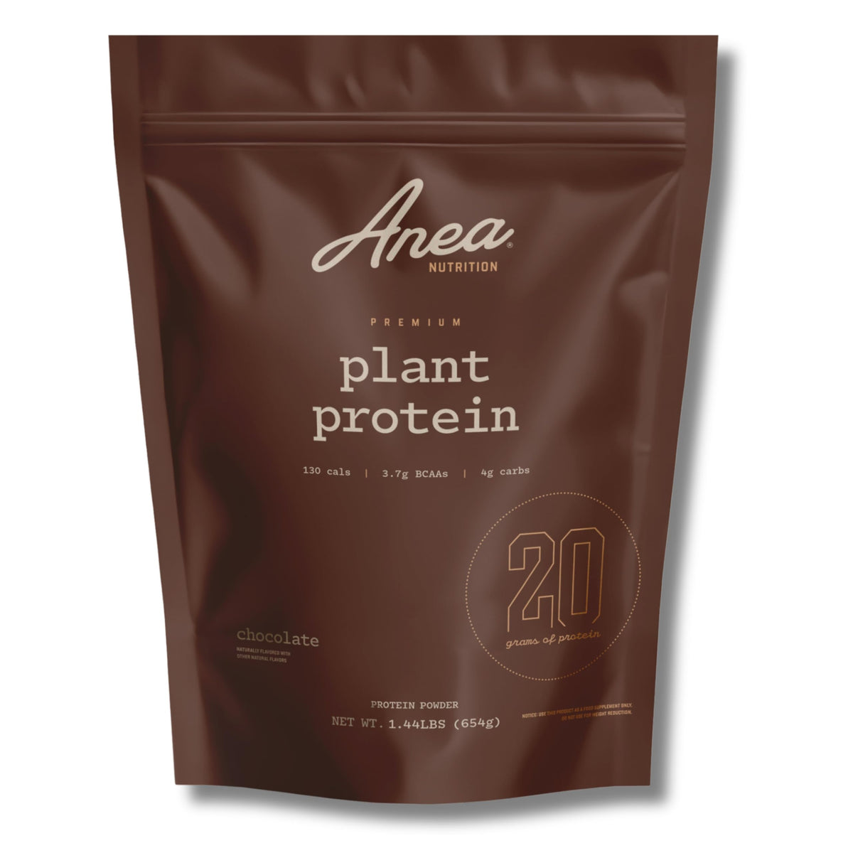 Anea Plant Protein Chocolate tub close-up highlighting premium packaging and powder texture.