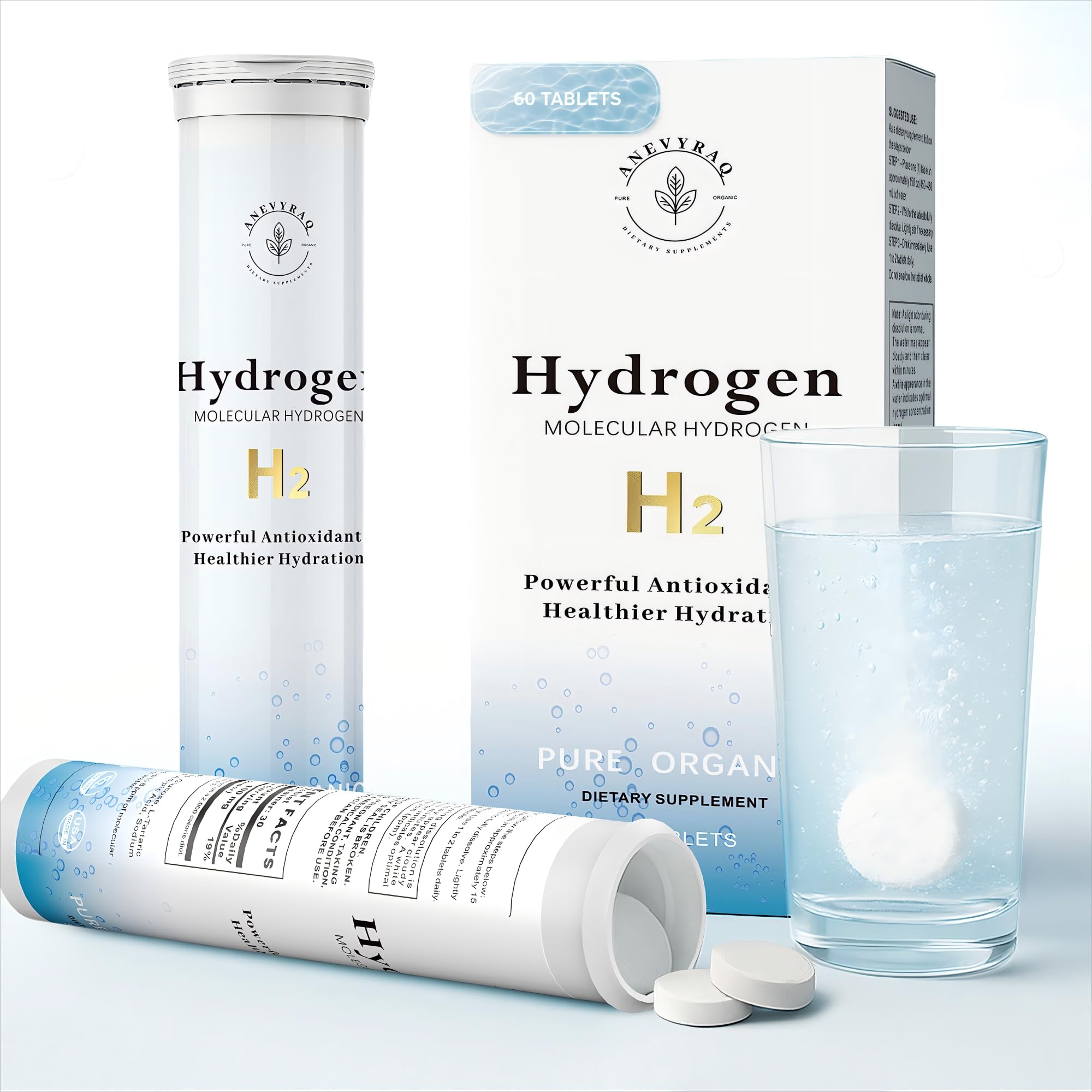 ANEVYRAQ hydrogen tablet dissolving in water for fresh hydrogen-rich hydration.