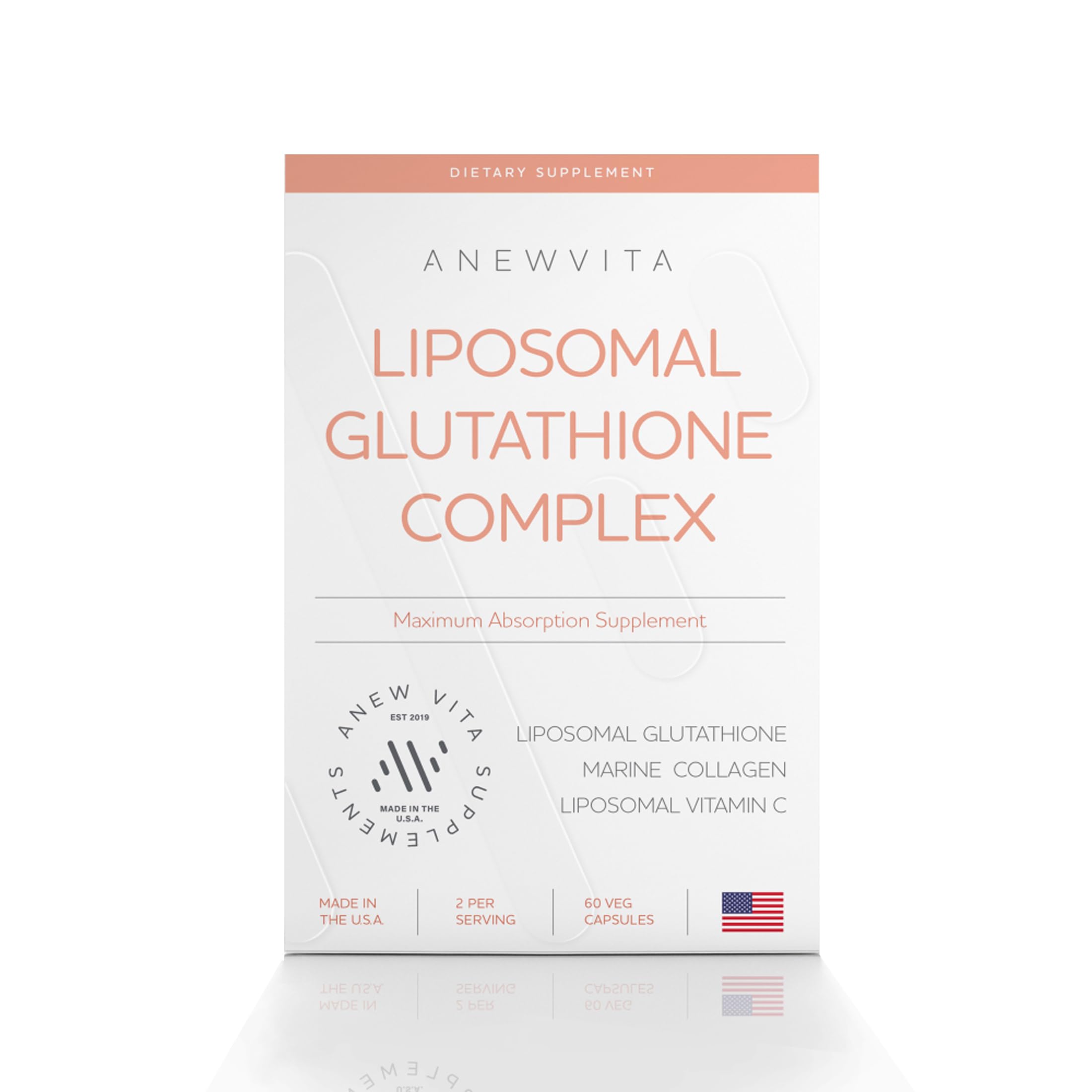 Anew Vita Liposomal Glutathione bottle demonstrates enhanced absorption for radiant skin.