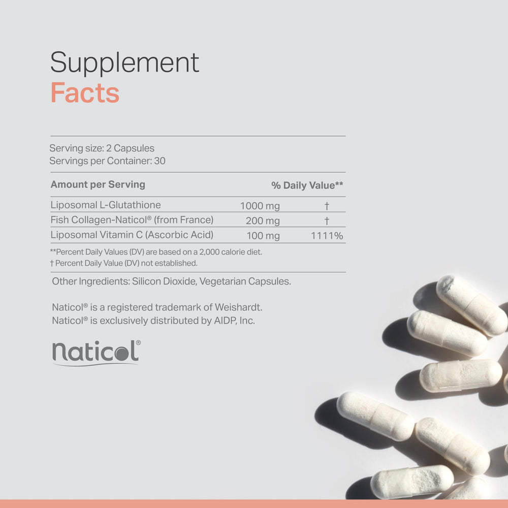 Anew Vita Liposomal Glutathione capsules closeup showcasing easy daily dosing.