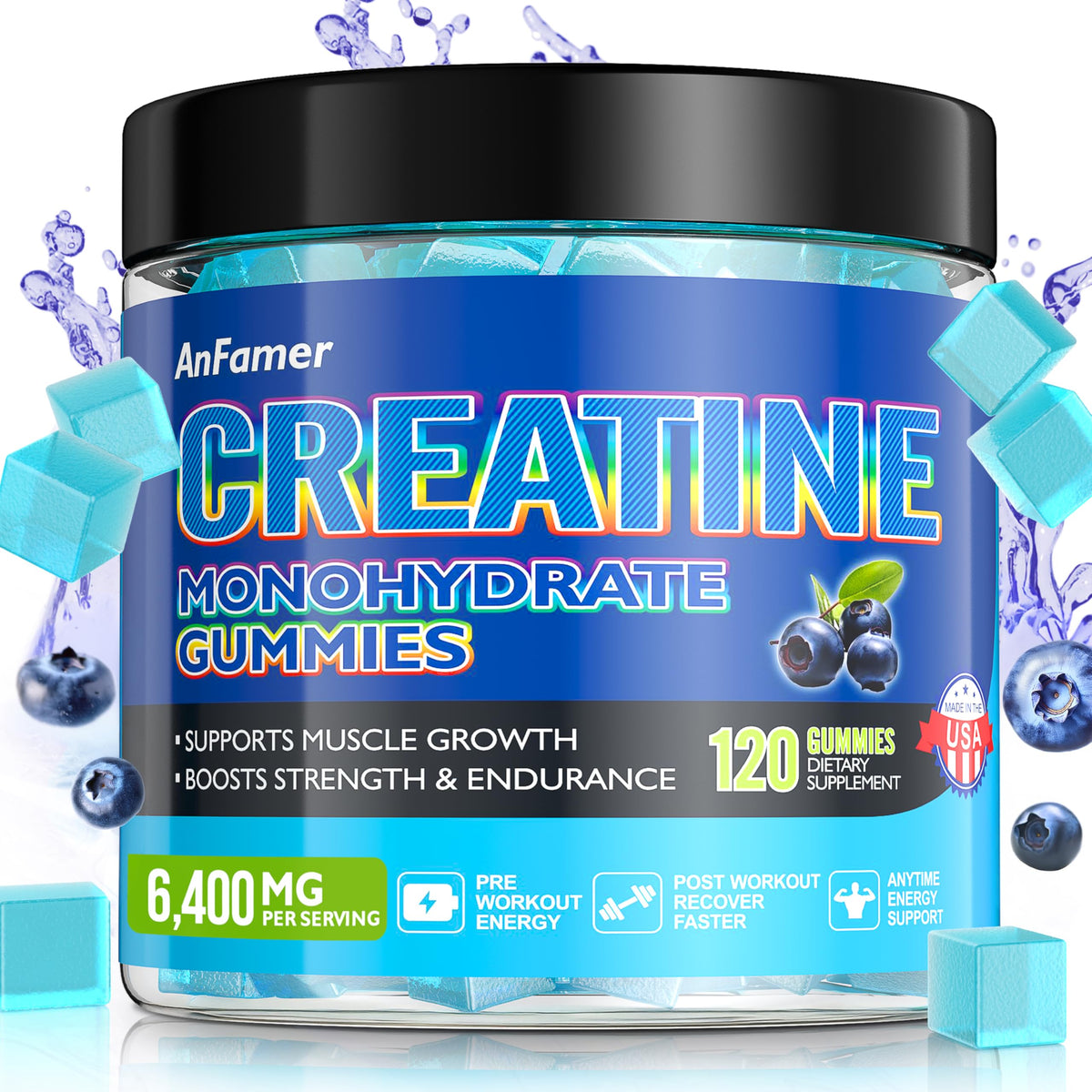 AnFamer Creatine Monohydrate Gummies bottle label showing strength support.