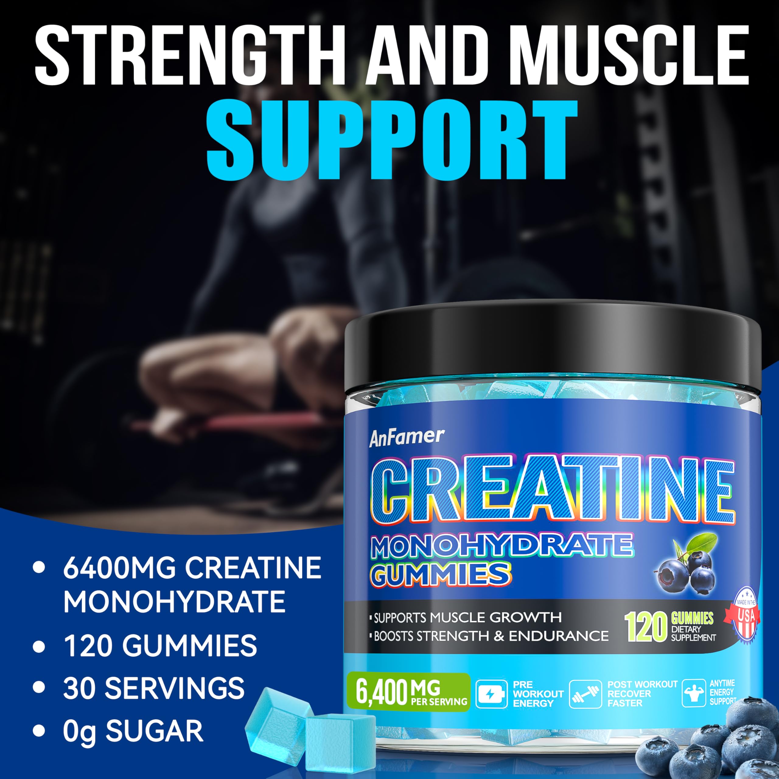 AnFamer creatine gummies pouring to illustrate on-the-go energy.