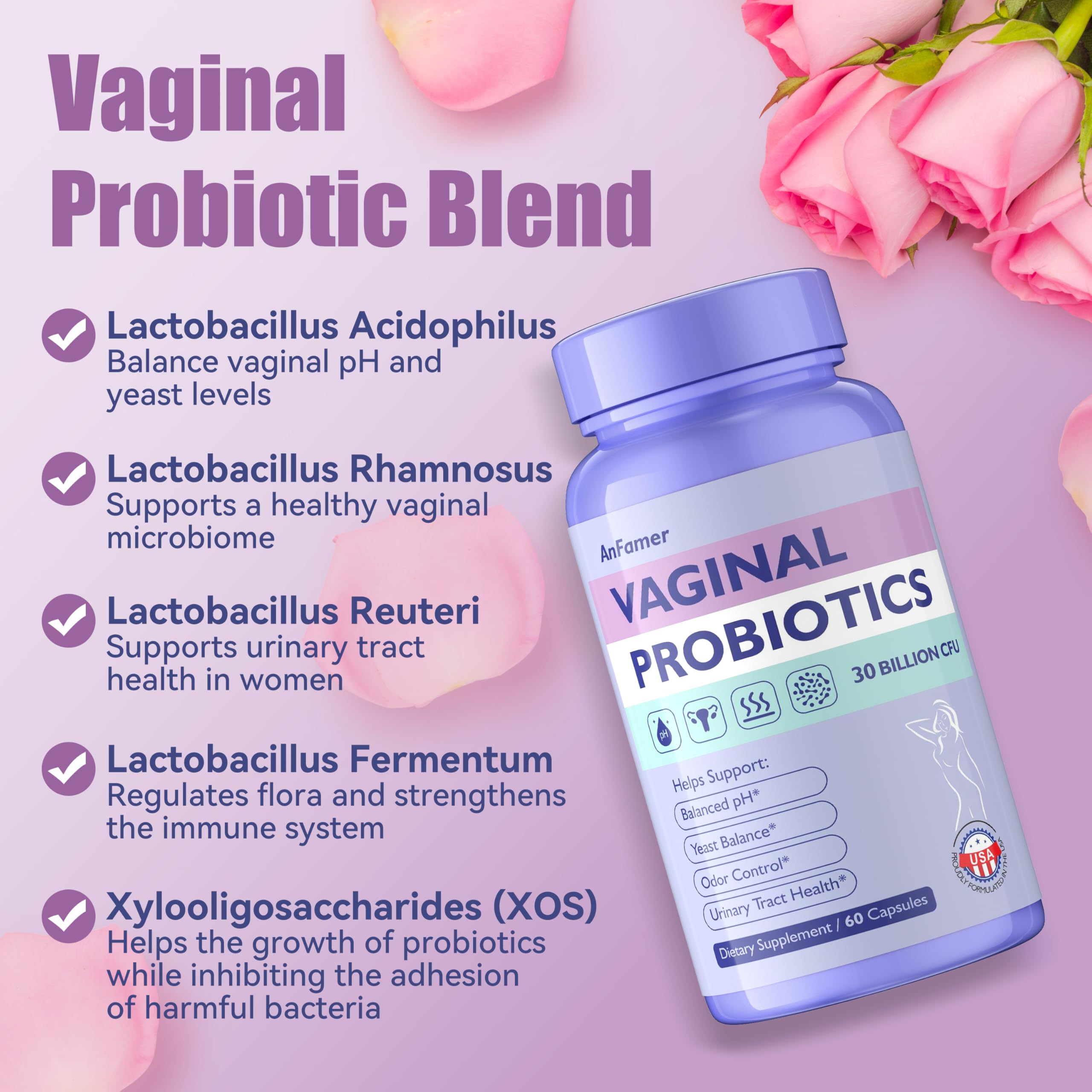 AnFamer four Lactobacillus strains blend illustrating vaginal flora support.