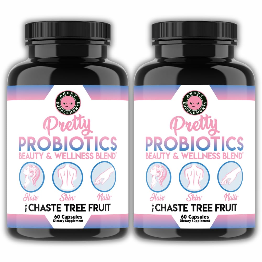 Angry Supplements Pretty Probiotics for Women bottle close-up highlighting skin and gut support.