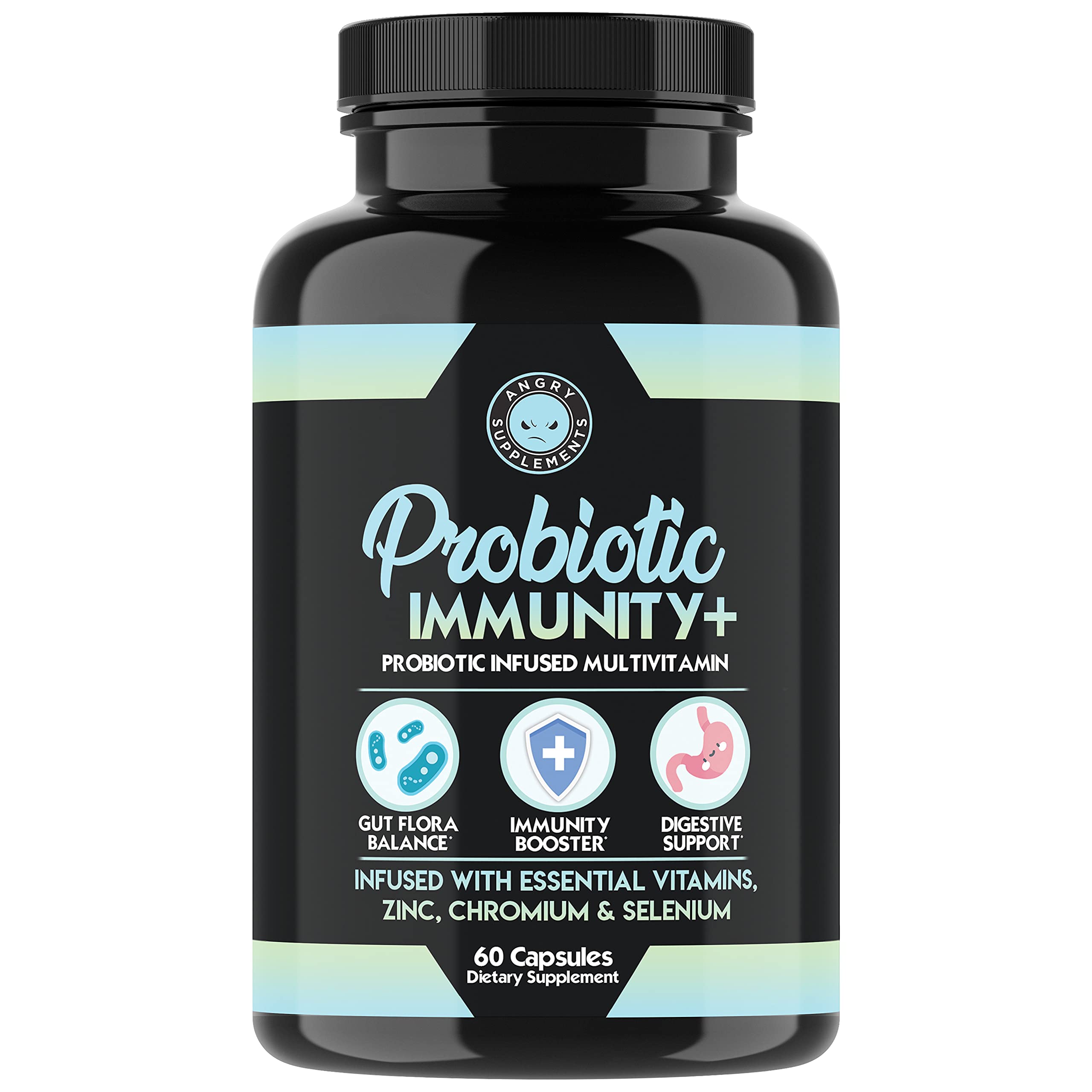 Angry Supplements Probiotic Immunity Plus bottle and capsules promoting gut balance.
