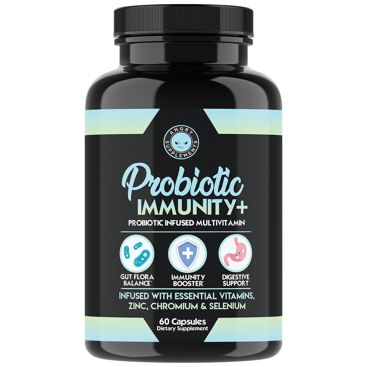 Angry Supplements Probiotic Immunity Plus bottle and capsules promoting gut balance.