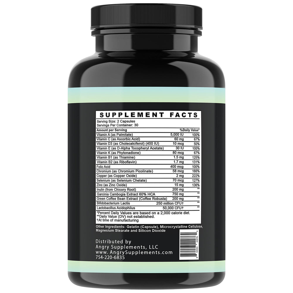 Angry Supplements Probiotic Immunity Plus nutrition facts panel highlights vitamins.
