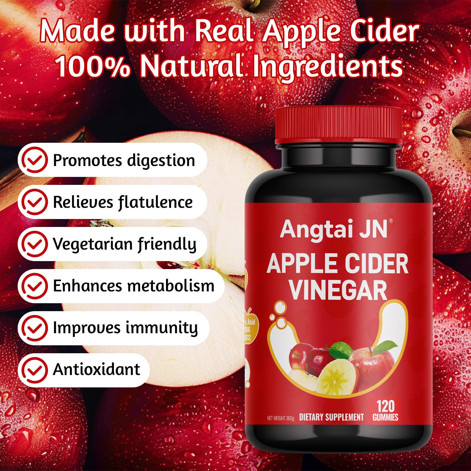 Angtai JN Apple Cider Vinegar Gummies with psyllium husk for digestive balance
