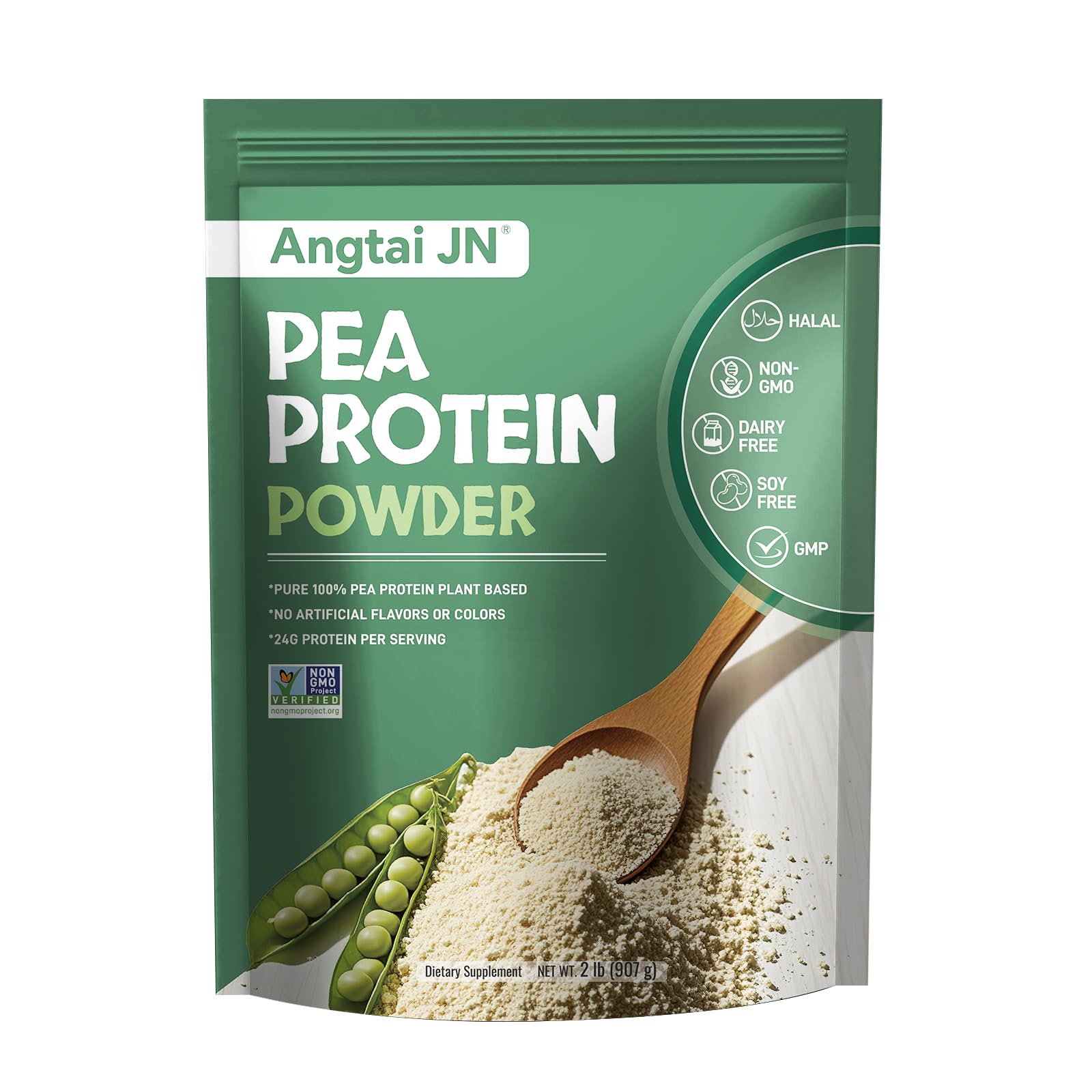 Angtai JN pea protein bottle with scoop shows quick high-protein shakes.