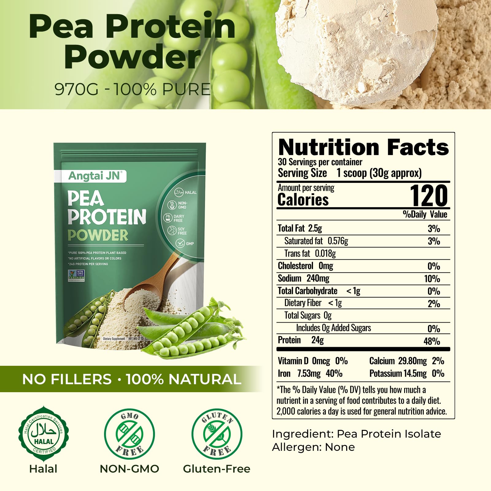 Angtai JN 2lb protein scoop beside measuring cup for portions.