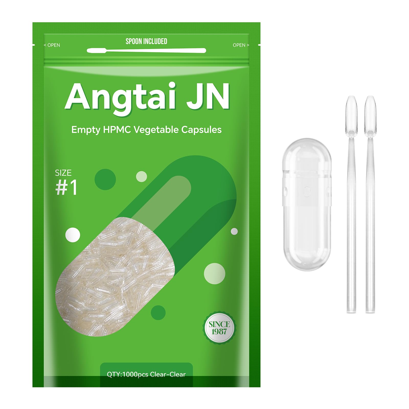 Angtai JN Size 1 empty capsules for vegan formulas and easy blending.