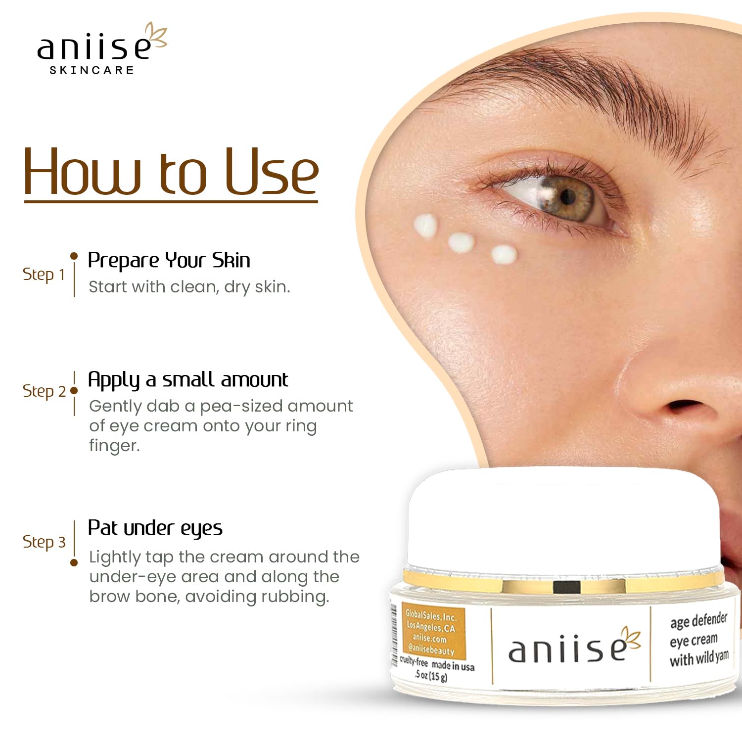 Aniise Wild Yam Eye Cream daytime use scene with bright lighting.