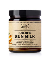 Anima Mundi Apothecary Golden Sun Milk packaging showcasing the turmeric-spice blend for calming evenings.