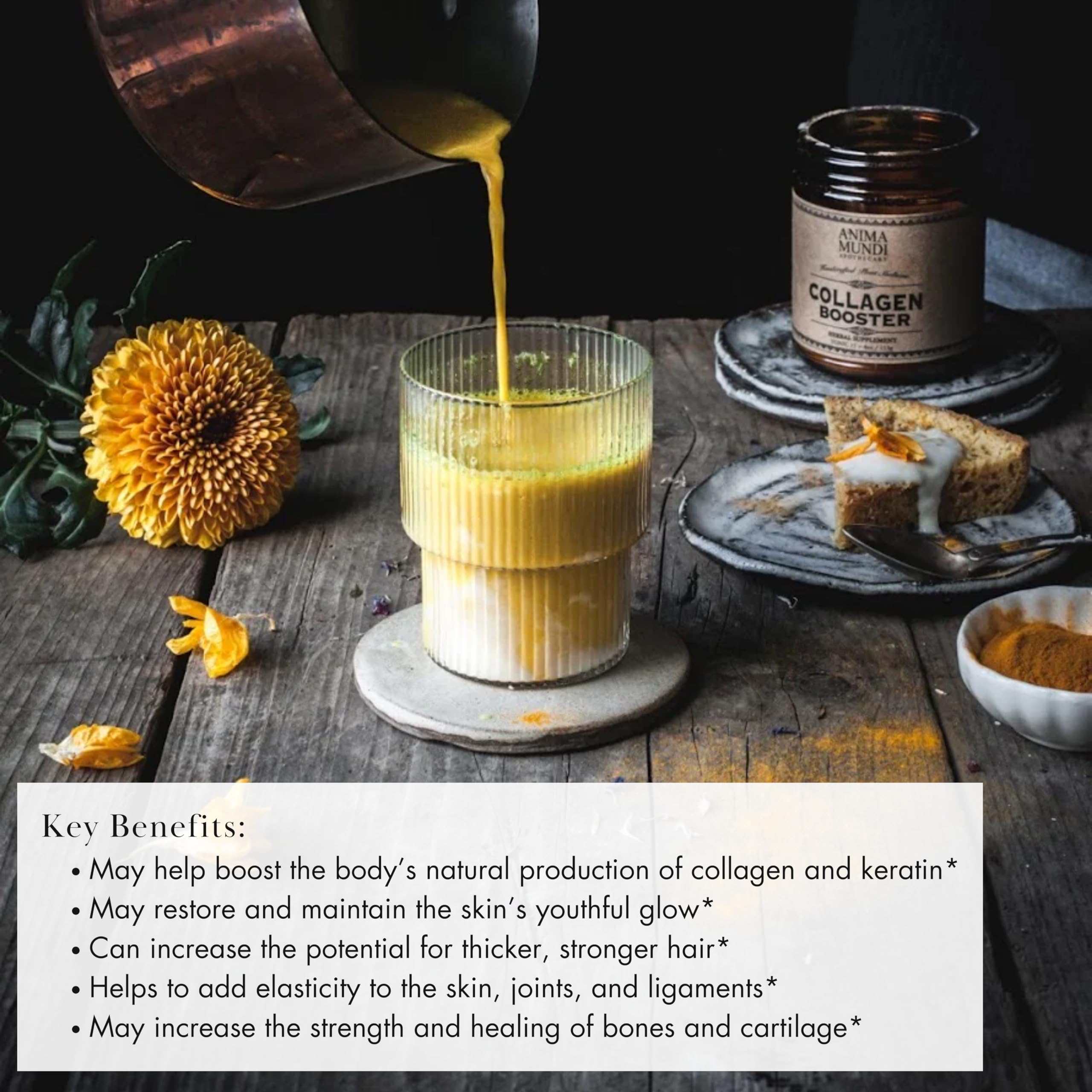 Anima Mundi scoop of vegan collagen powder ready to blend into a drink.