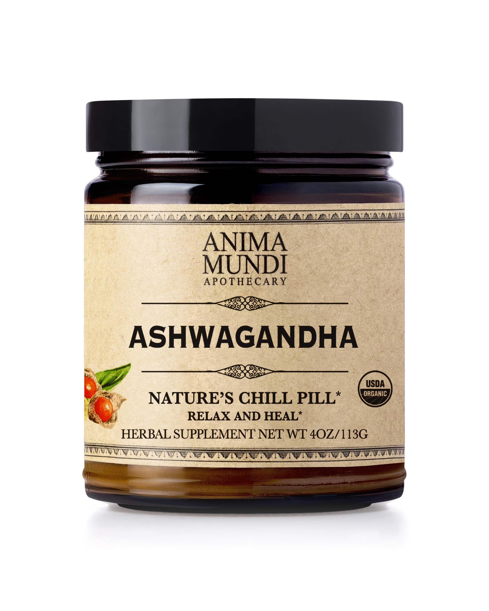 Anima Mundi Ashwagandha powder bottle on wood, inviting a calming daily ritual.