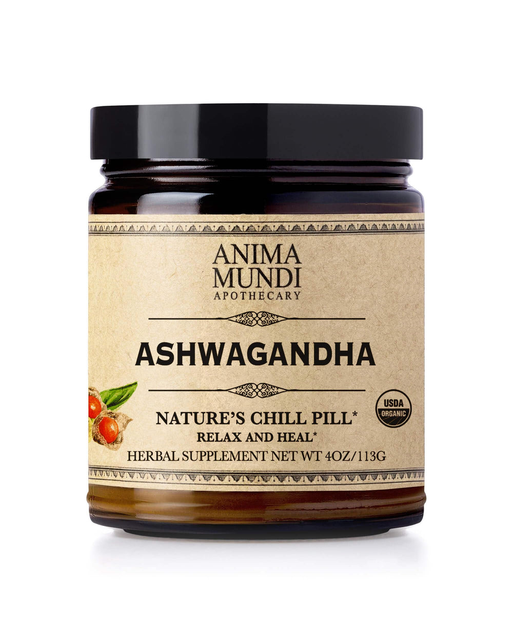 Anima Mundi Ashwagandha powder bottle on wood, inviting a calming daily ritual.