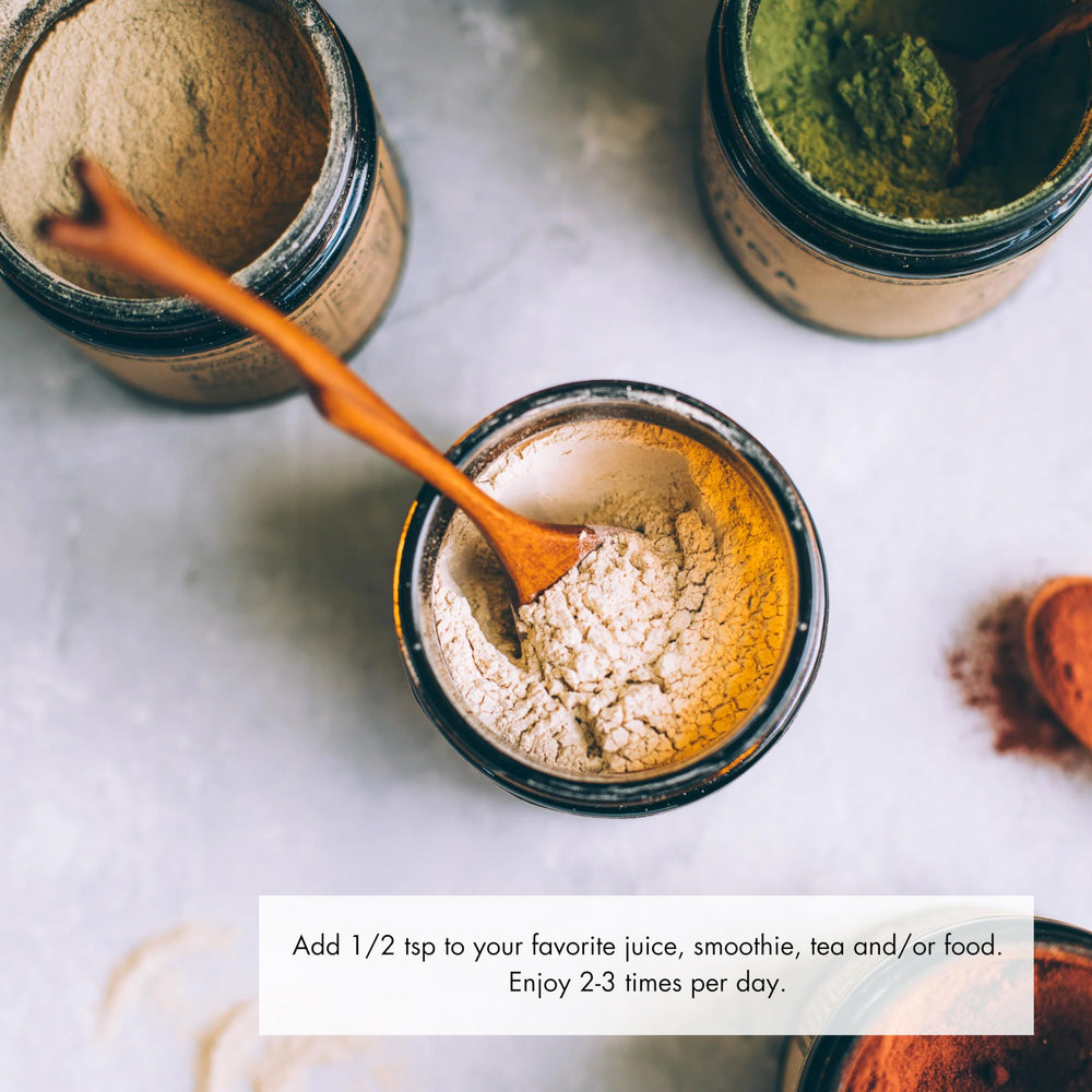 Anima Mundi Ashwagandha powder scoop in a bowl ready for tea or smoothie.
