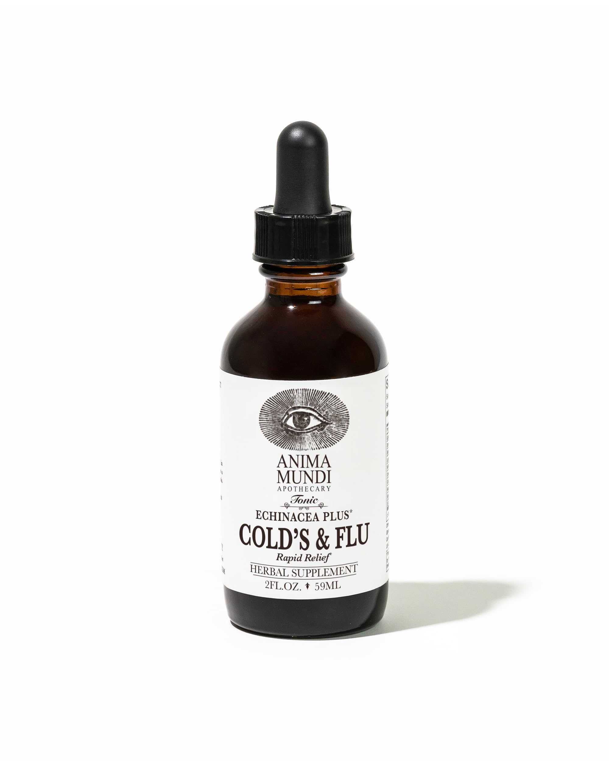 Anima Mundi Cold's & Flu Tonic bottle beside steaming tea for immune support.