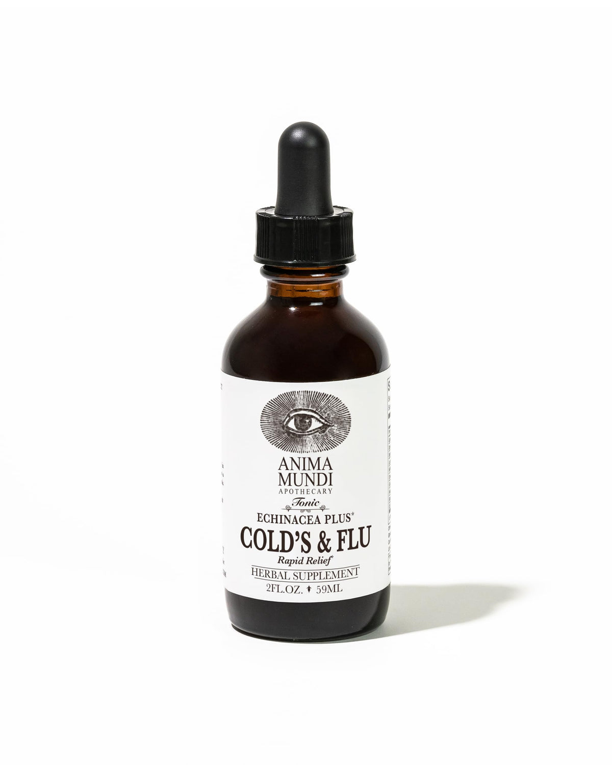 Anima Mundi Cold's & Flu Tonic bottle beside steaming tea for immune support.