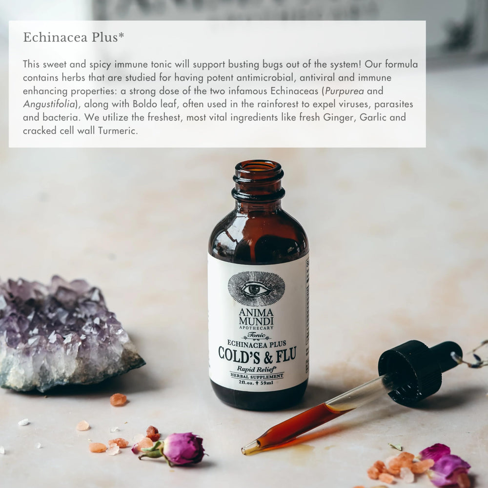Ginger root and other ingredients featured in Anima Mundi Cold's & Flu Tonic.