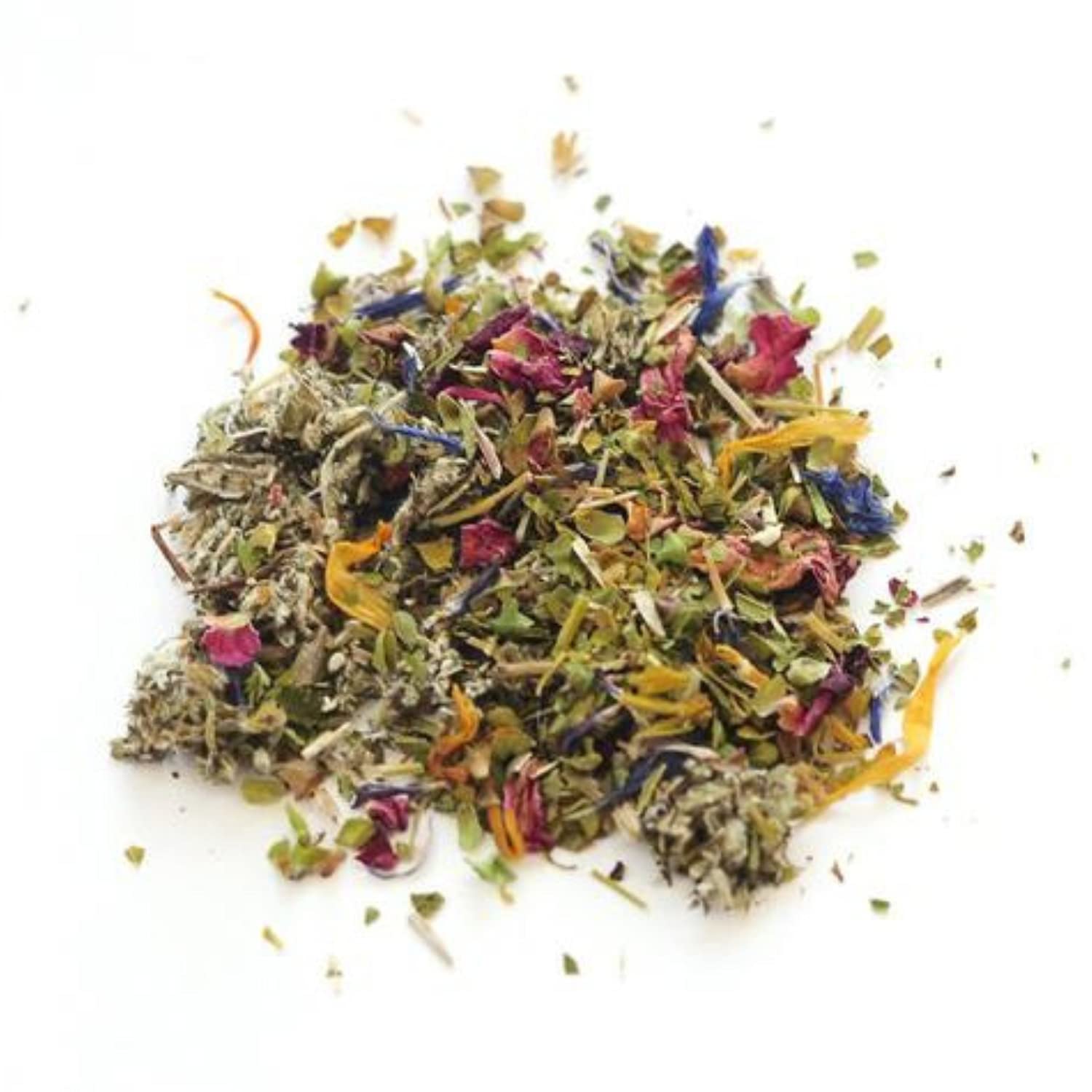 Anima Mundi Sacred Smoke herb closeup highlights mugwort, skullcap, and rose petals.