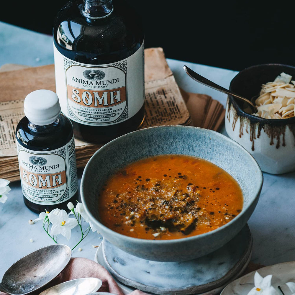 Anima Mundi Soma mushroom tincture ingredients close-up for mindful longevity.