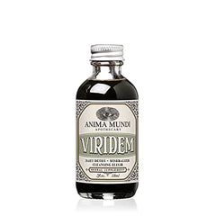 Anima Mundi Viridem Greens Detox Elixir bottle closeup highlighting the green formula for daily cleansing