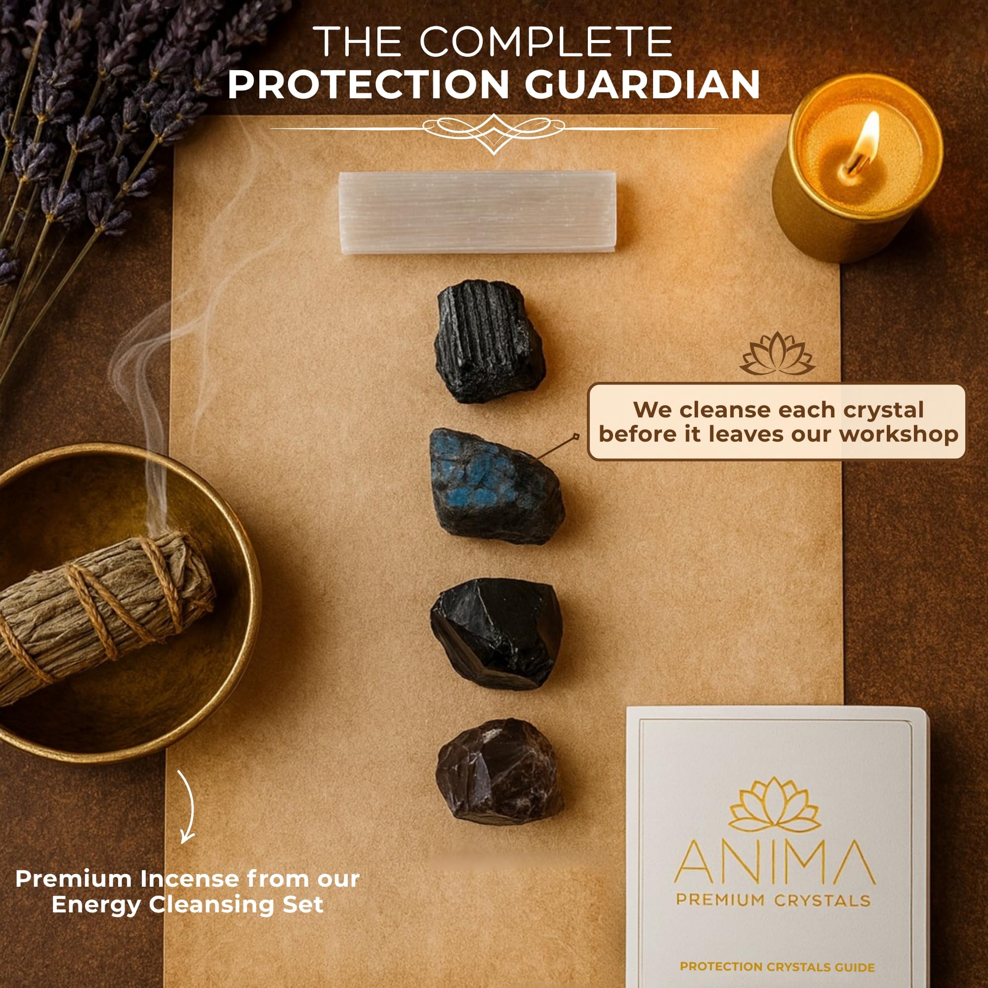 Anima wooden gift box with crystals and guide for elegant unboxing.
