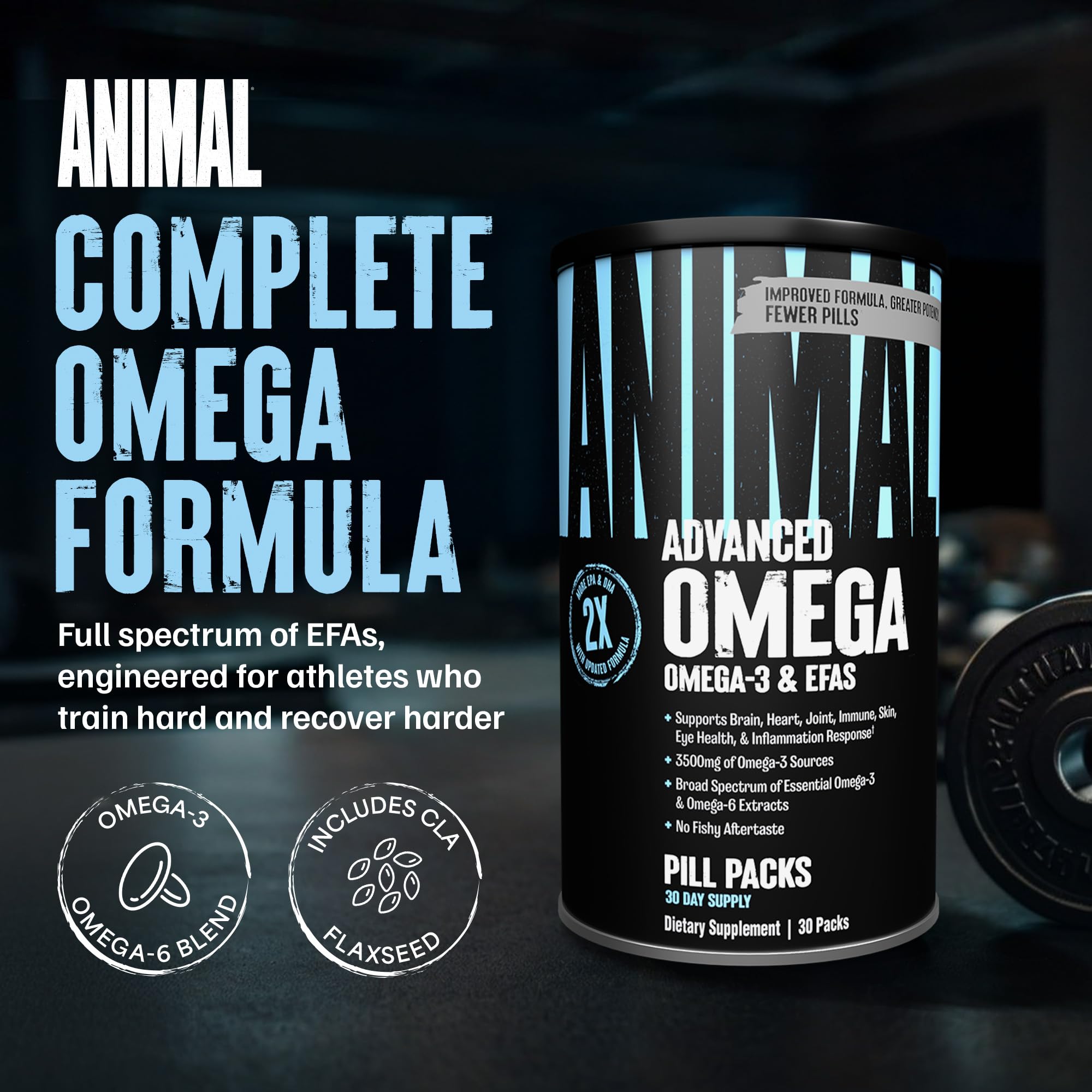 Animal Advanced Omega softgels close-up highlighting burpless enteric coating for comfortable swallowing.