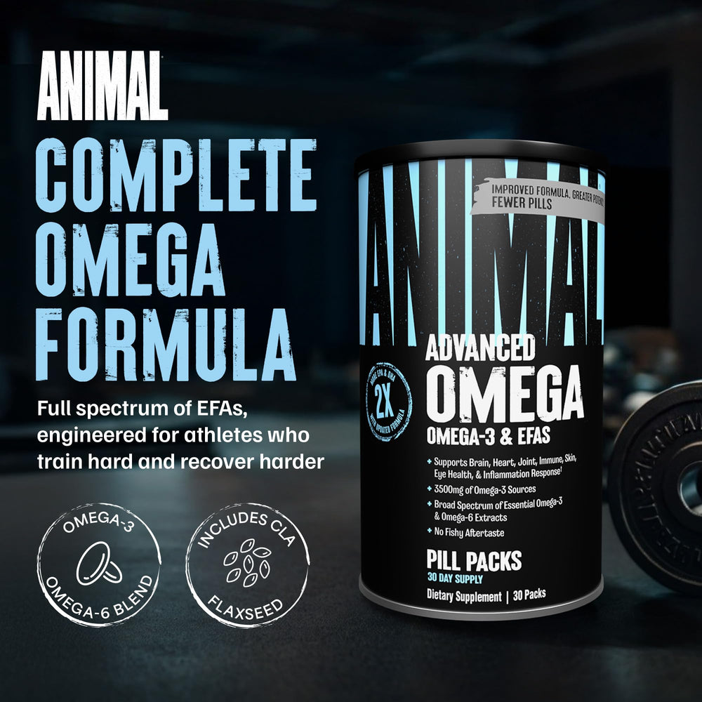 Animal Advanced Omega softgels close-up highlighting burpless enteric coating for comfortable swallowing.