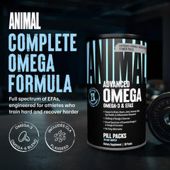 Animal Advanced Omega softgels close-up highlighting burpless enteric coating for comfortable swallowing.