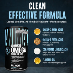Animal Advanced Omega sources include salmon oil and flaxseed for a complete EFA profile.