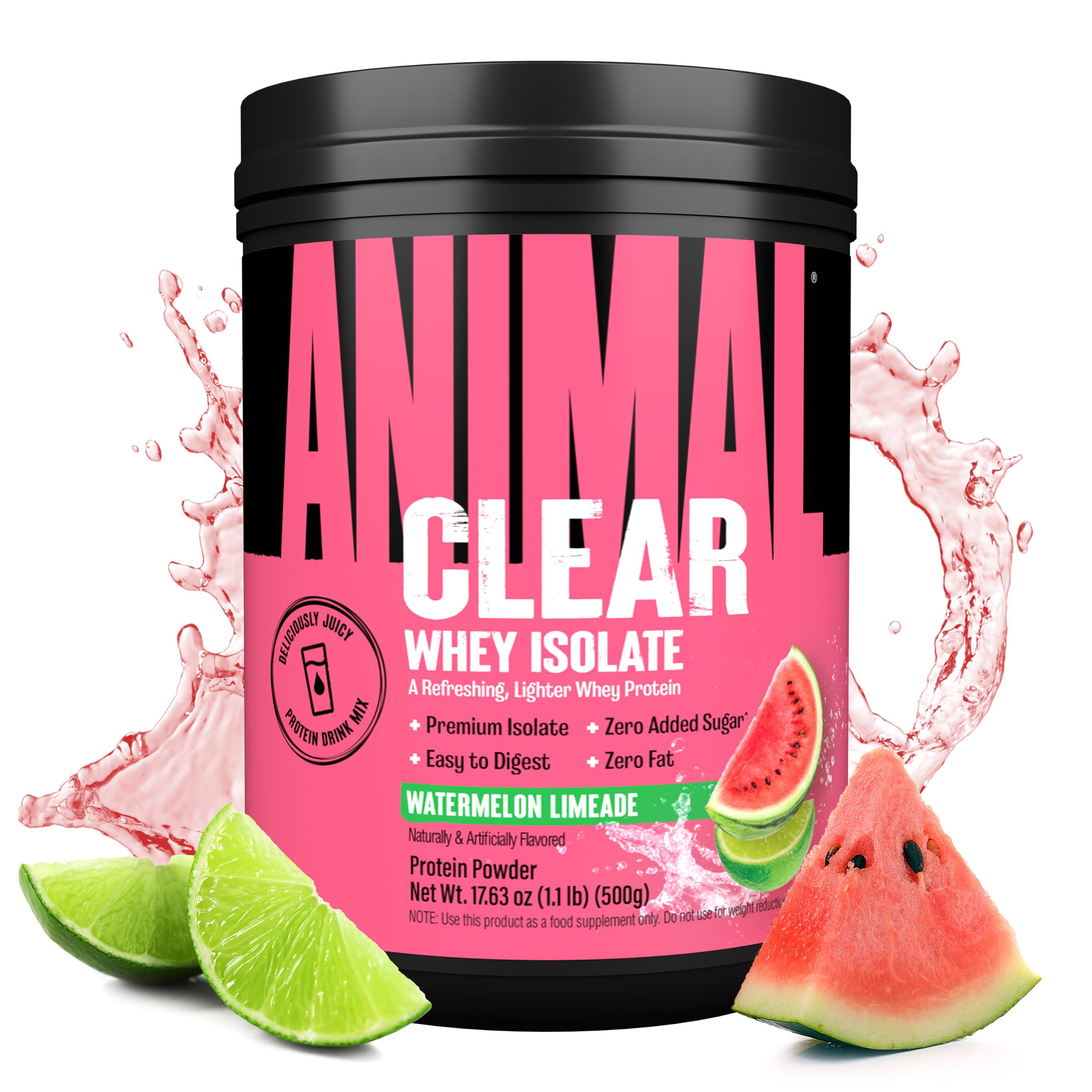 Animal Clear Whey Isolate Watermelon Limeade bottle shows a refreshing, easy-to-digest protein drink.