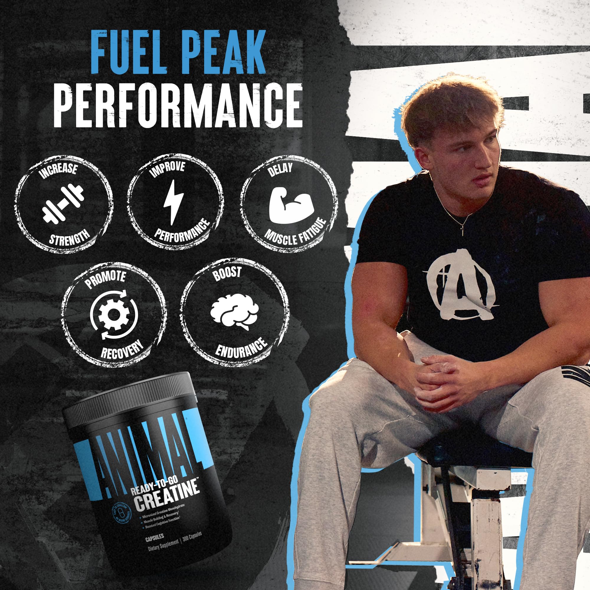 Open bottle of Animal Creatine Capsules ready for pre- or post-workout use.