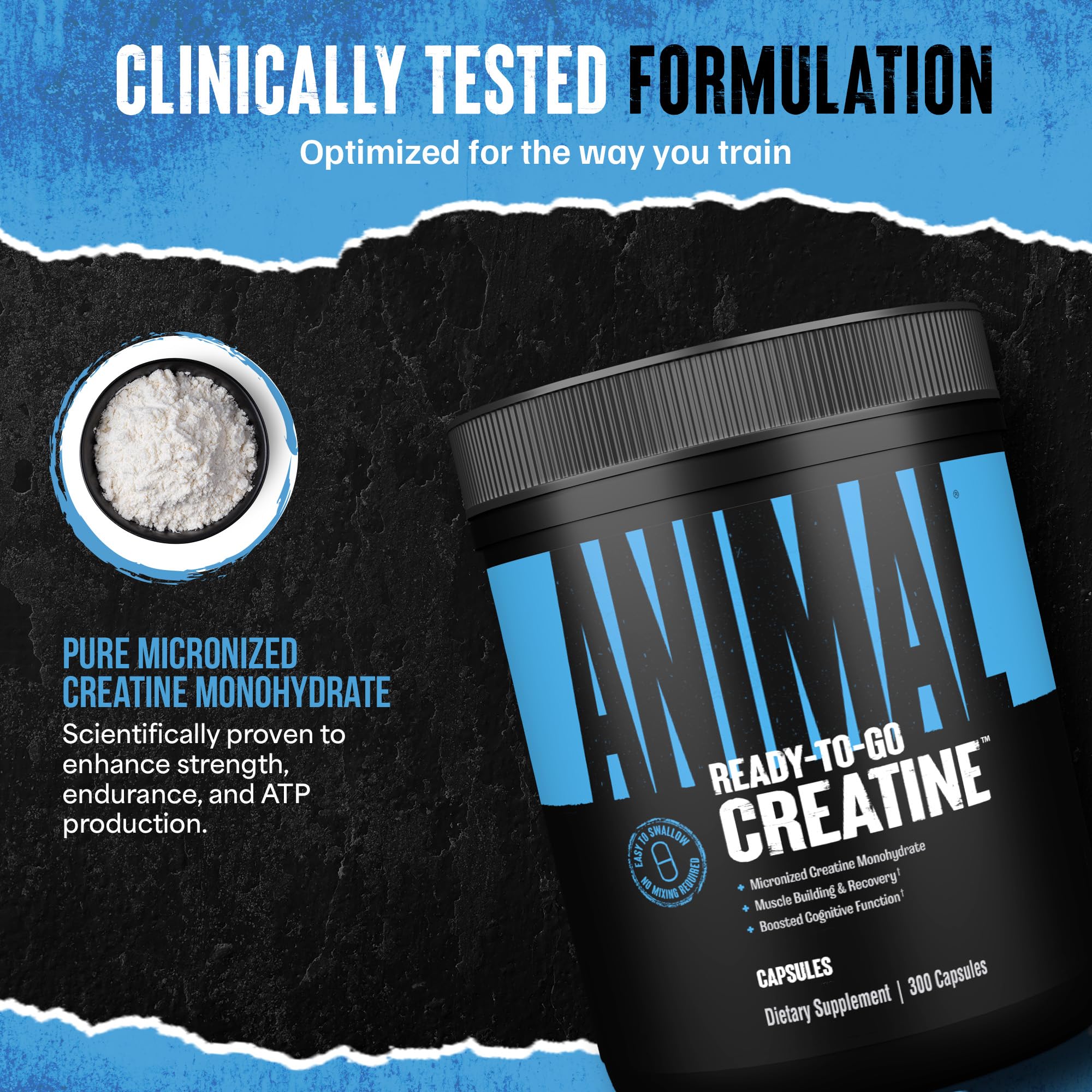 Close-up of a single Animal Creatine Capsule highlights quick-digesting, convenient format.