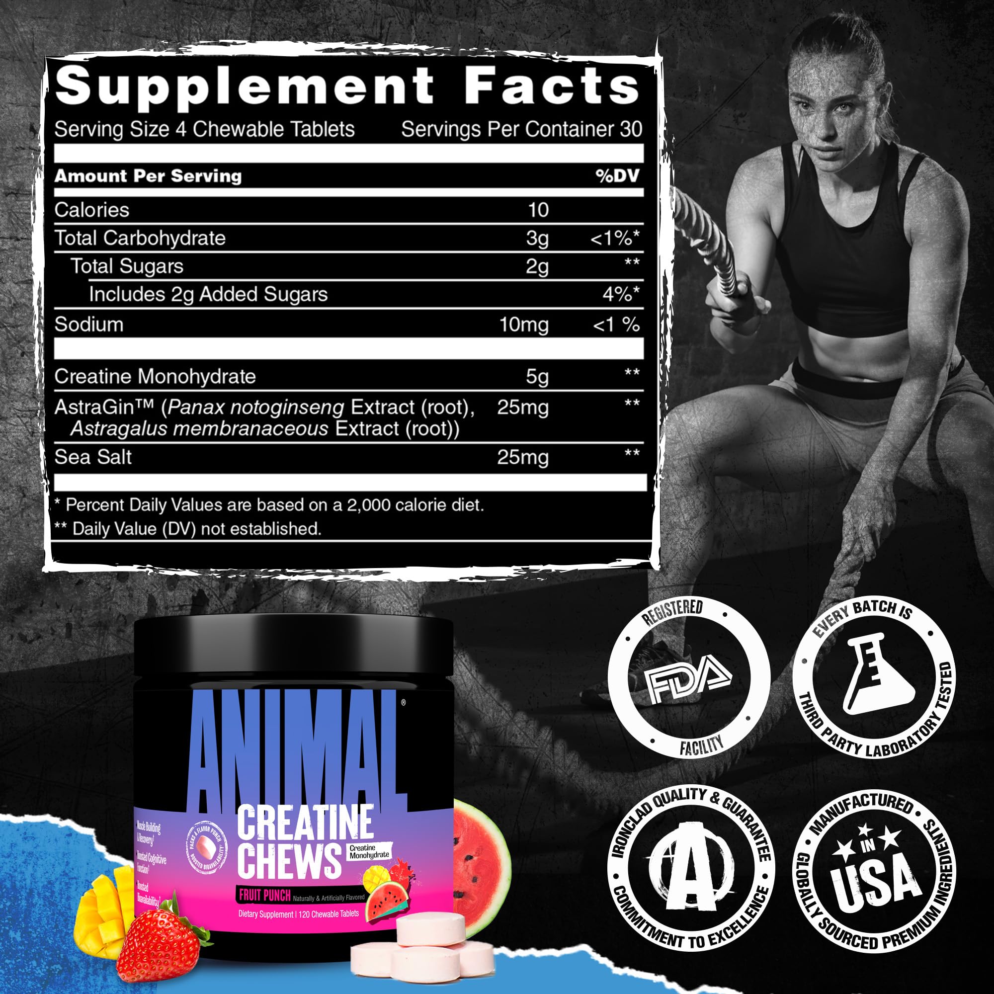 Animal Creatine Chews Fruit Punch flavor makes workouts more enjoyable.