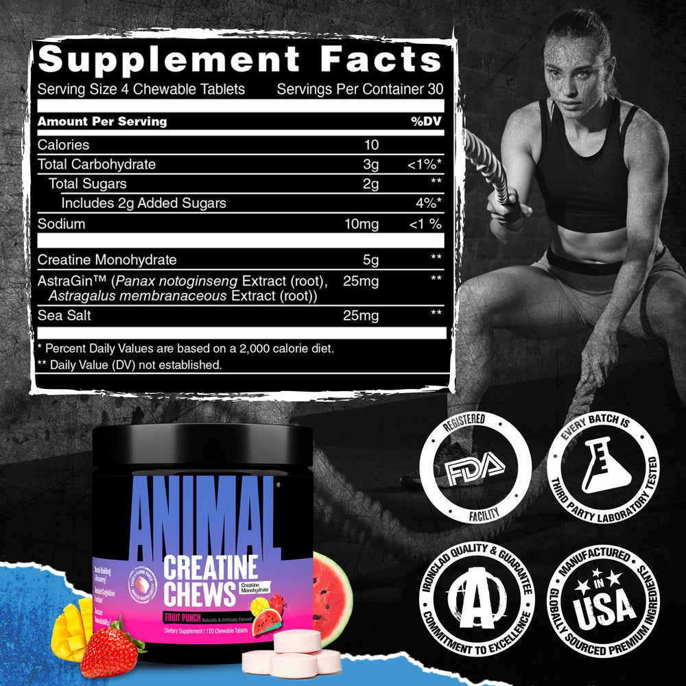 Animal Creatine Chews Fruit Punch flavor makes workouts more enjoyable.