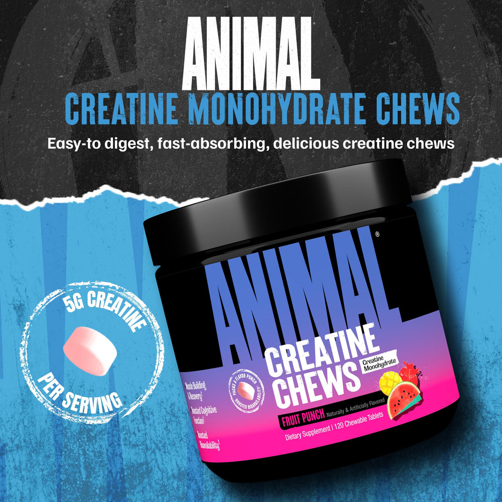 Animal Creatine Chews Fruit Punch tablets close-up highlighting flavor and portability.