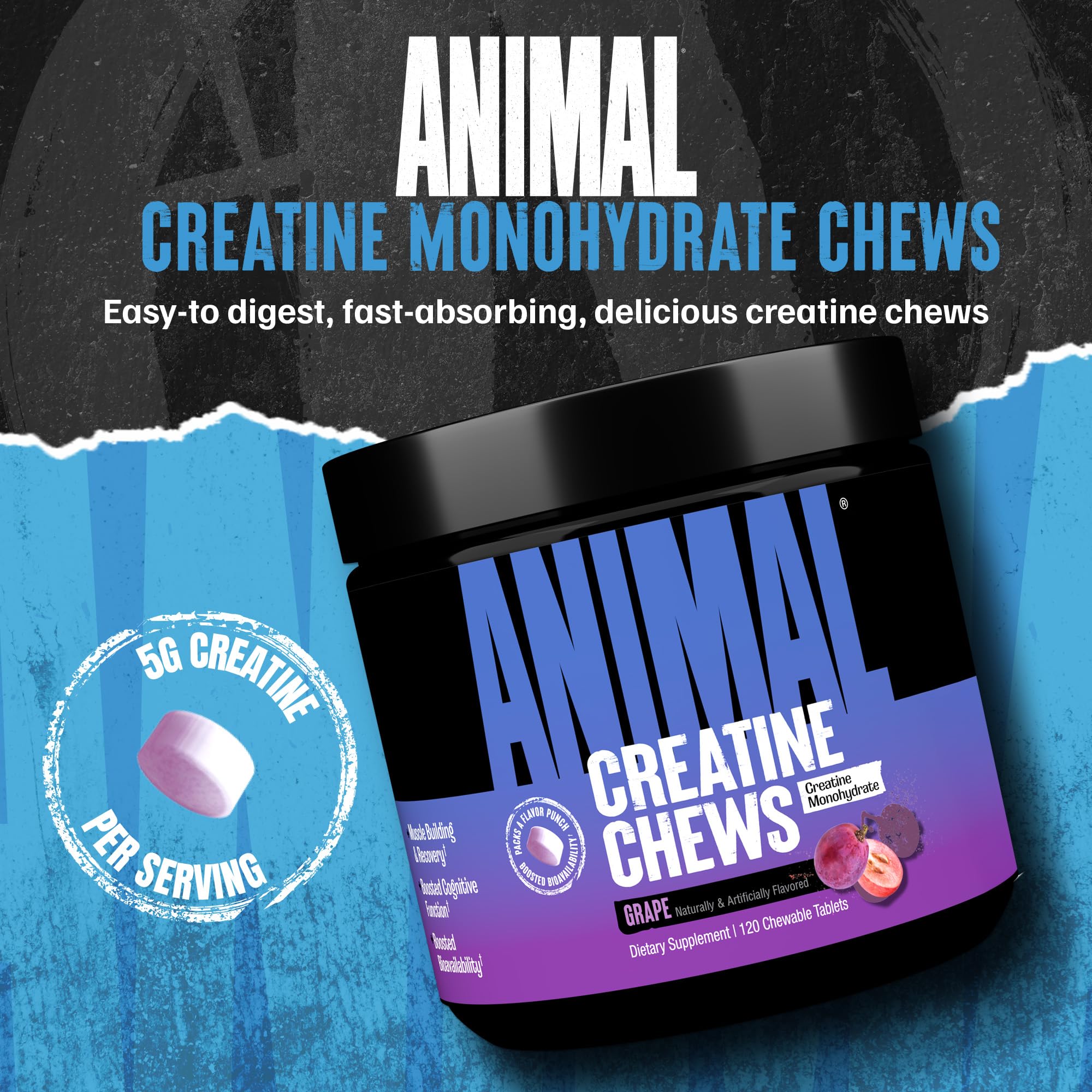 Animal Creatine Chews grape tablets, tasty dose on the go for gains.