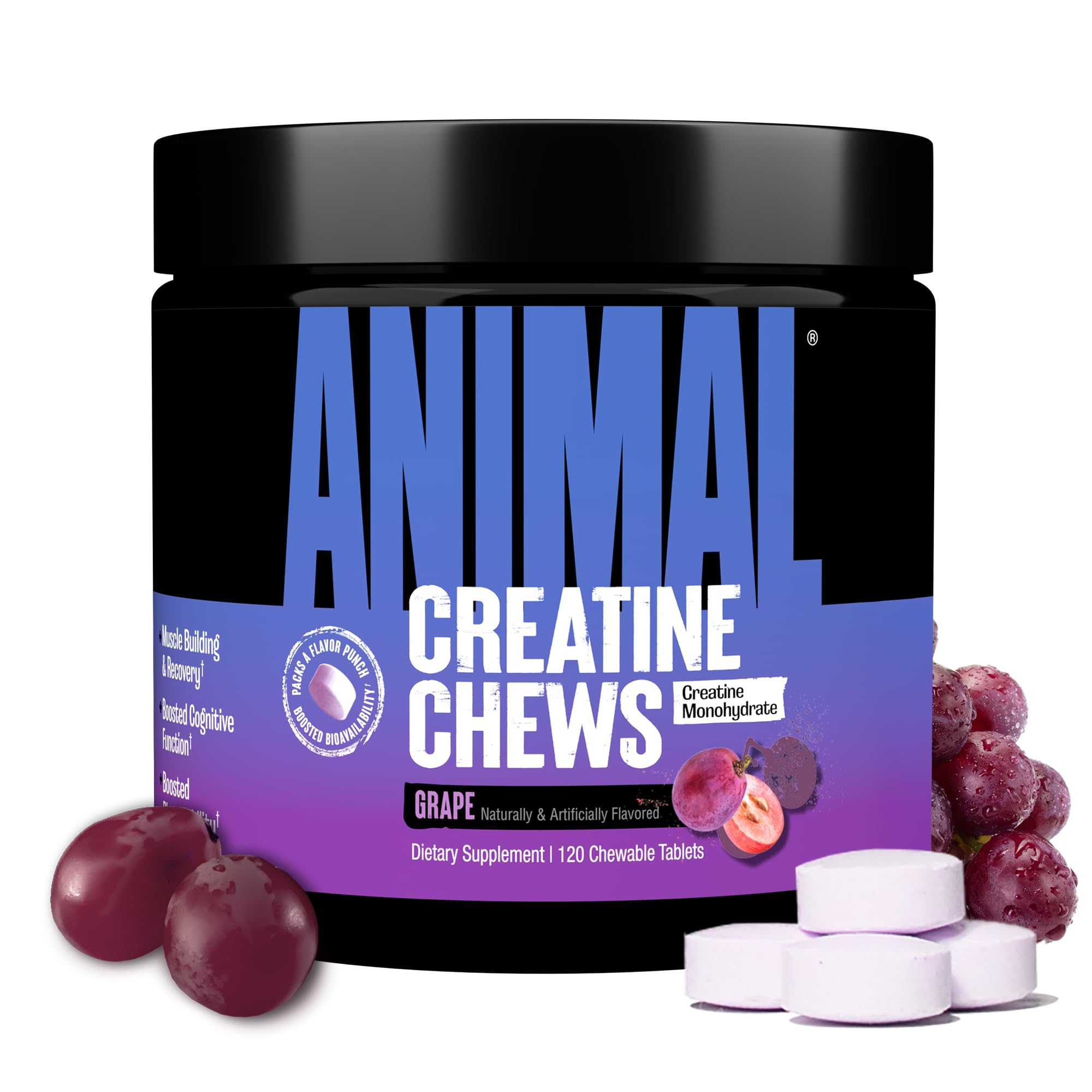 Animal Creatine Chews grape tub, convenient serving size for pre or post workouts.