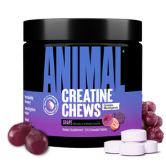 Animal Creatine Chews grape tub, convenient serving size for pre or post workouts.