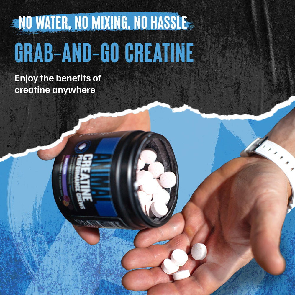 Animal Creatine Chews gym bag scene, ideal for on-the-go training.
