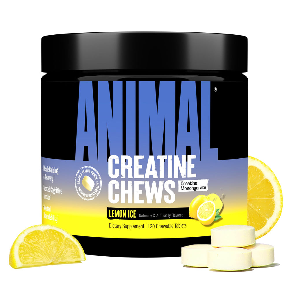 Animal Creatine Chews Lemon Ice bottle shown for convenient pre- or post-workout support.