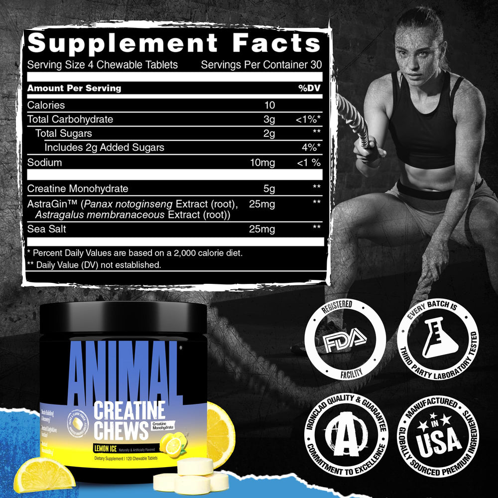 Animal Creatine Chews Lemon Ice close-up with scoop showing 5g per serving.
