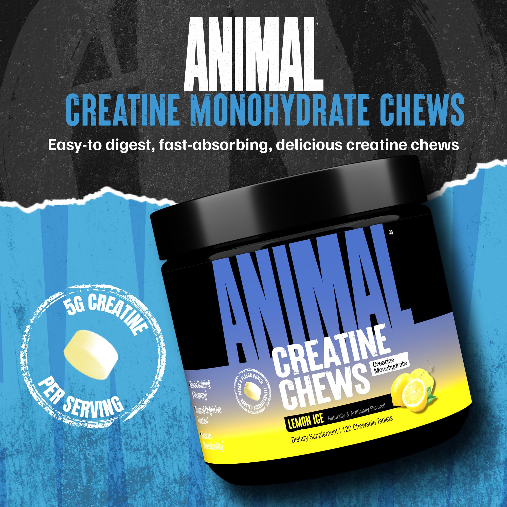 Animal Creatine Chews Lemon Ice tablets close-up highlighting tasty flavor.