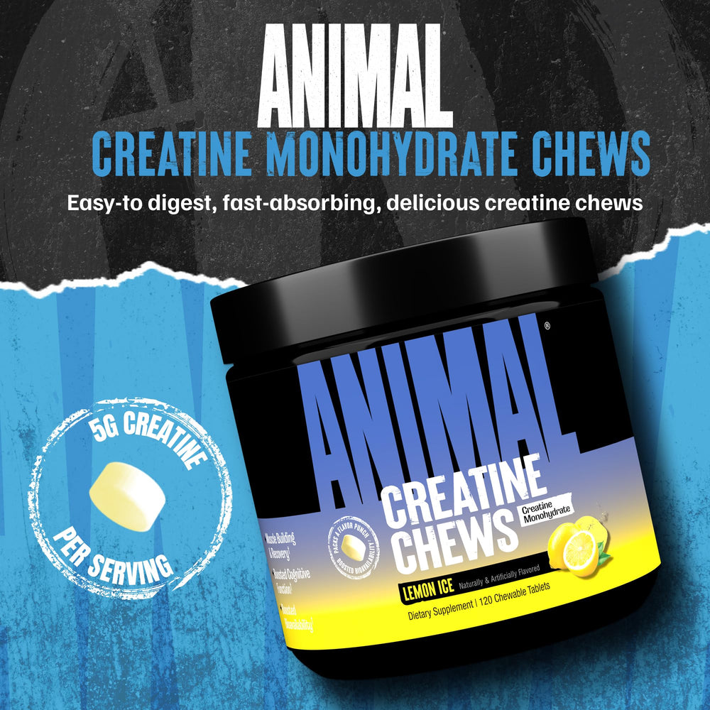 Animal Creatine Chews Lemon Ice tablets close-up highlighting tasty flavor.