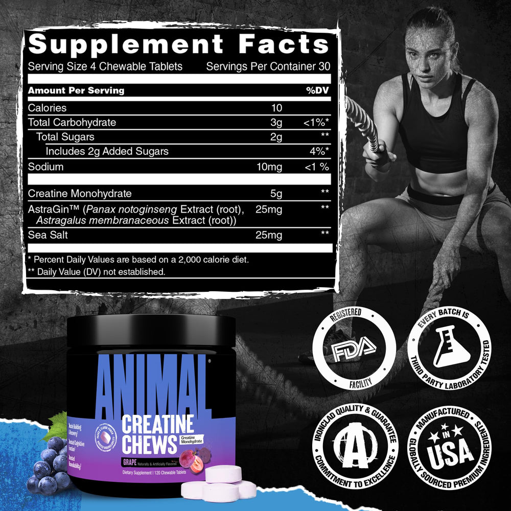 Animal Creatine Chews quality seal, third-party tested for safety and purity.