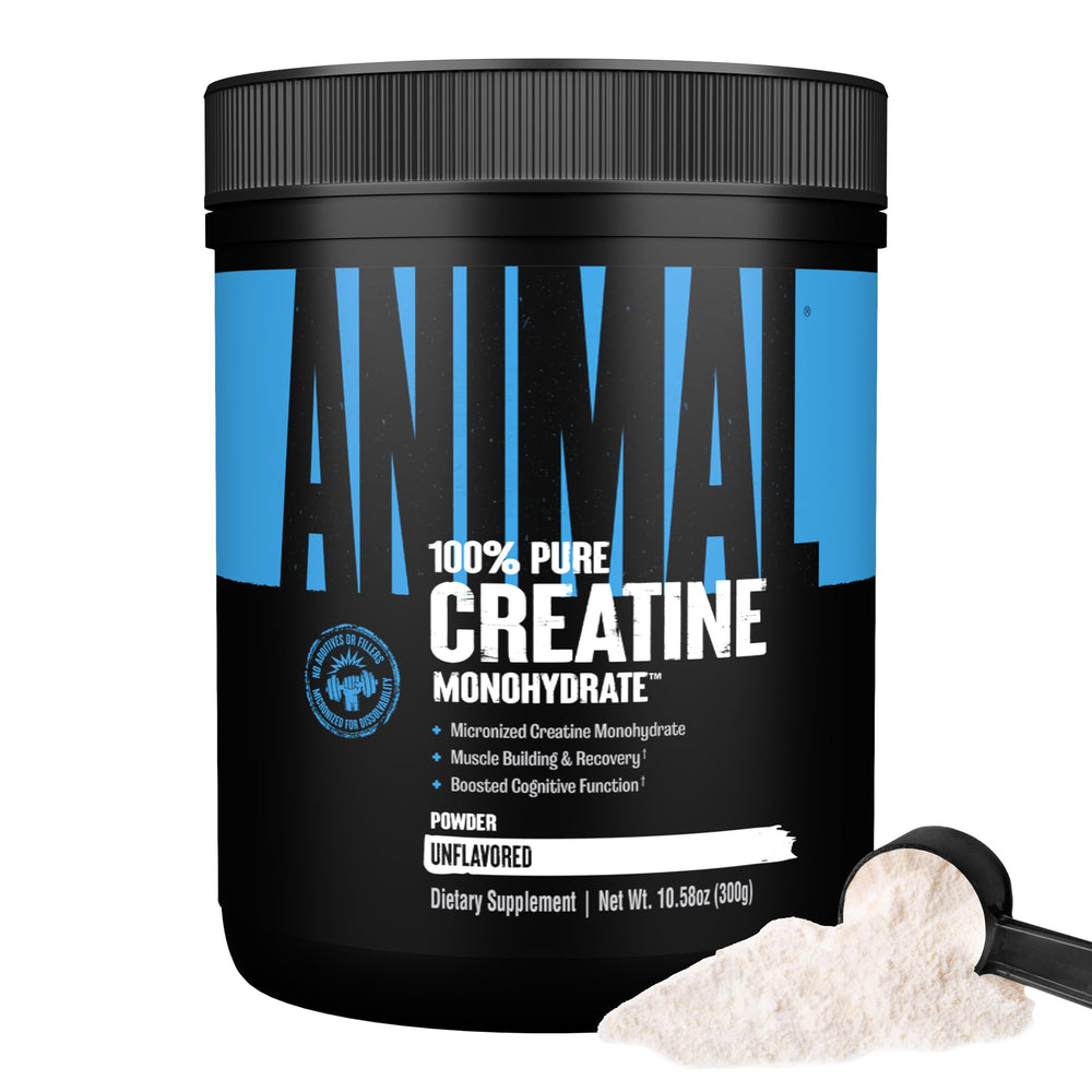 Animal Creatine Monohydrate powder bottle boosts strength for tough workouts.