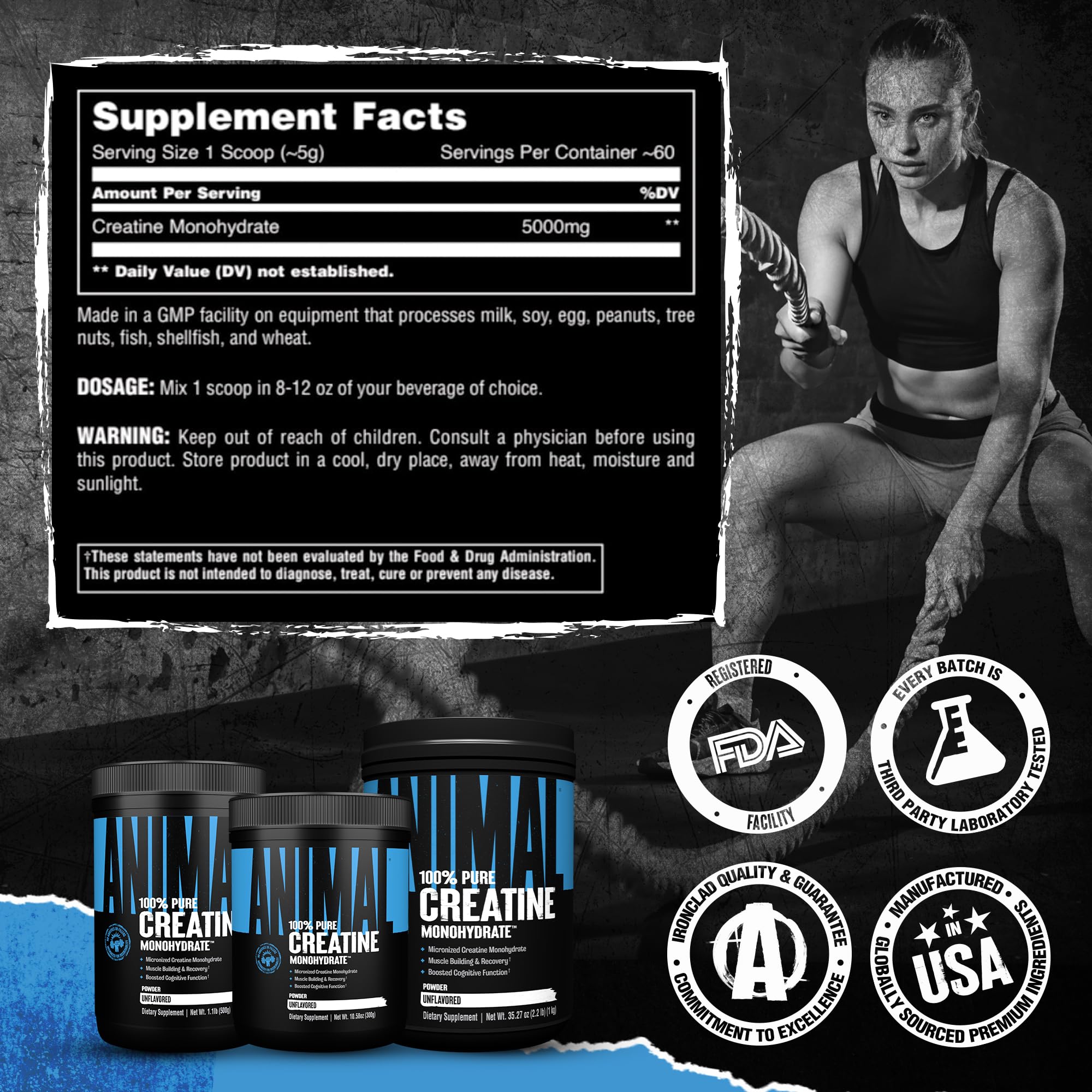 Animal Creatine Monohydrate powder featured in a gym scene with athletes.